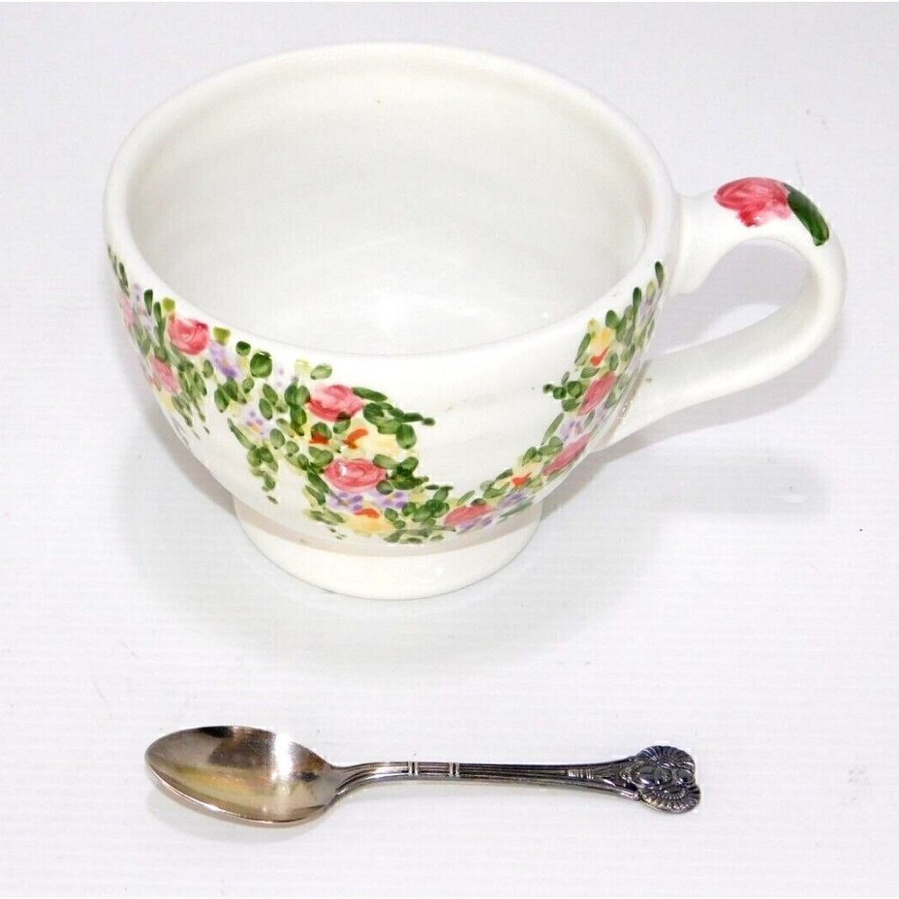 TABLETOPS UNLIMITED 16 oz coffee, tea cup, Spring Garden with vintage spoon